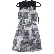 NWT XOXO Sleeveless Black White Geometric Print Dress Faux Wrap M Lined