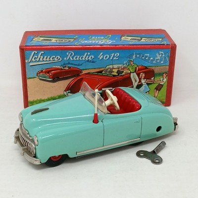 50er Jahre Schuco Radio 4012 Aufziehwagen 6 1/4'' Originalverpackt USA Zone Western Germany Blau