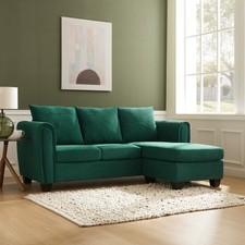 Cozy Stylish Green 3-Seater Sofa with Reversible Chaise in Soft Cord Fabric