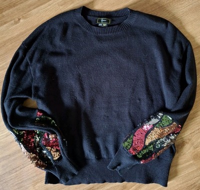 Wunderschöner Pulli v. FAINA, schwarz mit paliettenbesetzten Armbündchen, XL/XXL