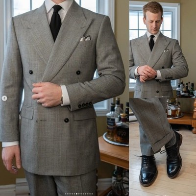 Business Houndstooth Men Suits Double Breasted Tuxedos Formal Prom Party Jacket