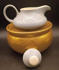 Vintage Creamer and extra Lid Sugar Grey/Blue Unmarked MCM Style White Interior