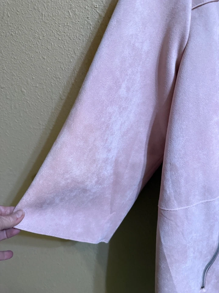 RUBY RD FAUX SUEDE LEATHER OPEN FRONT JACKET SZ 20W BLUSH PINK 3/4 SLVS STRETCH - Image 3 of 4