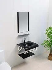 24"Black Tempered Glass Sink Top Floating Bathroom Vanity Mirror Shelves set