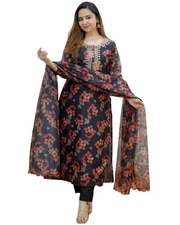 GoSriKi Women's Cotton Blend Printed Straight Kurta with Pant & Dupatta
