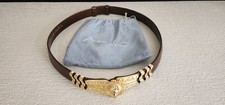 JUDITH LEIBER BROWN LEATHER BELT WITH SIGNATURE GOLD LION BUCKLE AND DUSTBAG
