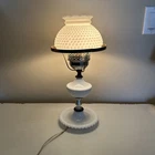 Vintage Hobnail Milk Glass Hurricane Table Lamps Electric Key Turn Trinket Dish