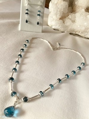 SS .925 LONDON BLAUTOPAS 20'' HALSKETTE mit BRIOLETTE & OHRRINGE SET NEU