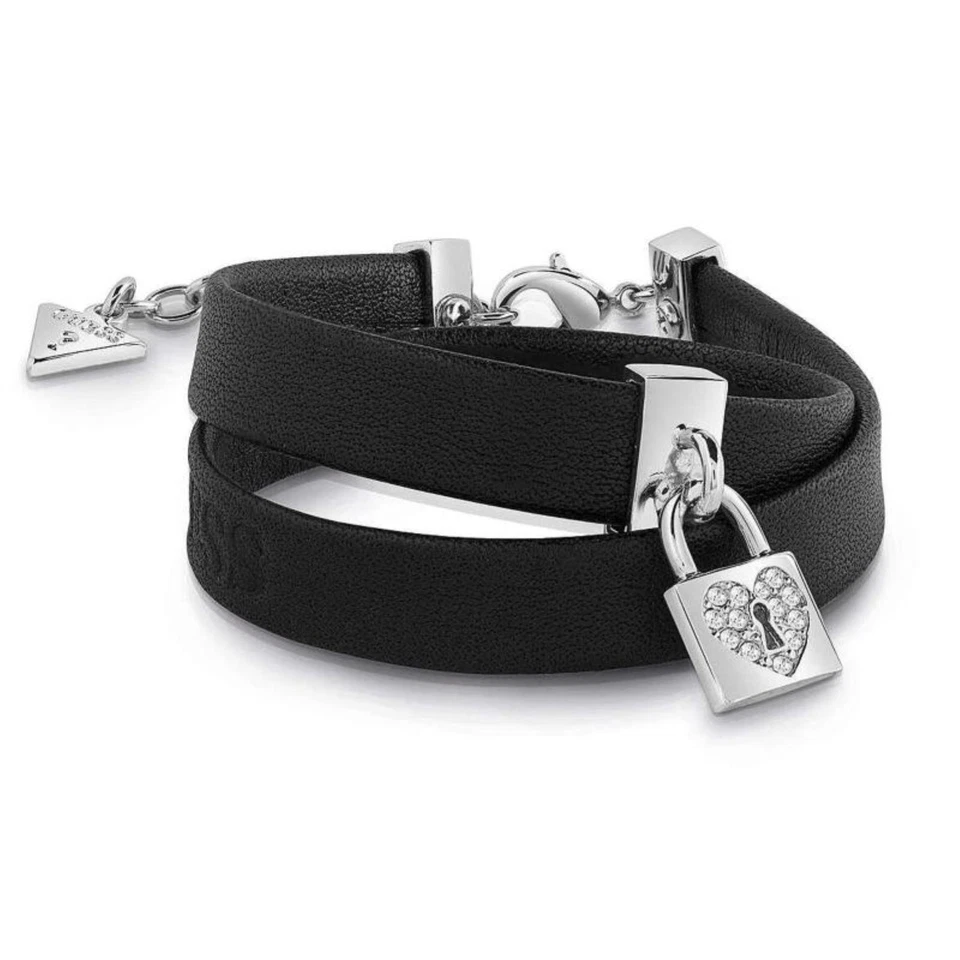 Bracciale Donna Guess UBB85123-S In Pelle Nero Con Charm A Lucchetto Con Crystal - Immagine 2 di 3
