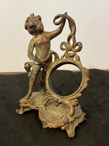 Antique French Old Bronze Brass Cherub Angel Clock Holder Ornate Figurine - Picture 12 of 16