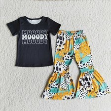 Girls Short Sleeve Bell Pants Set 2pcs Outfit Cow Print Moody