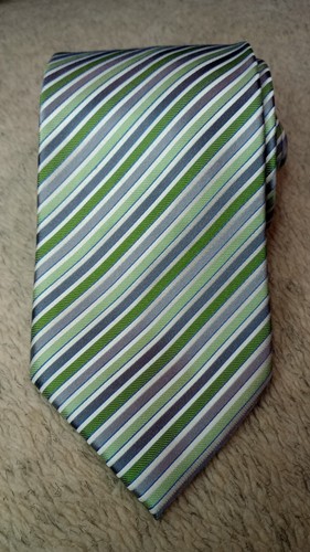 Geoffrey Beene Extra Long Necktie 100% Silk Striped Green, Grey, Silver
