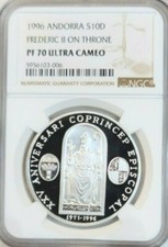 1996 ANDORRA SILVER 10 DINERS FREDERIC II ON THRONE NGC PF 70 ULTRA CAMEO RARE