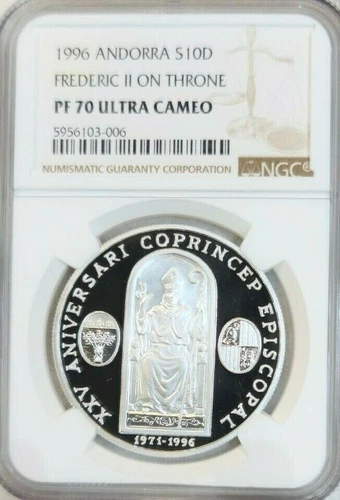 1996 ANDORRA SILVER 10 DINERS FREDERIC II ON THRONE NGC PF 70 ULTRA CAMEO RARE