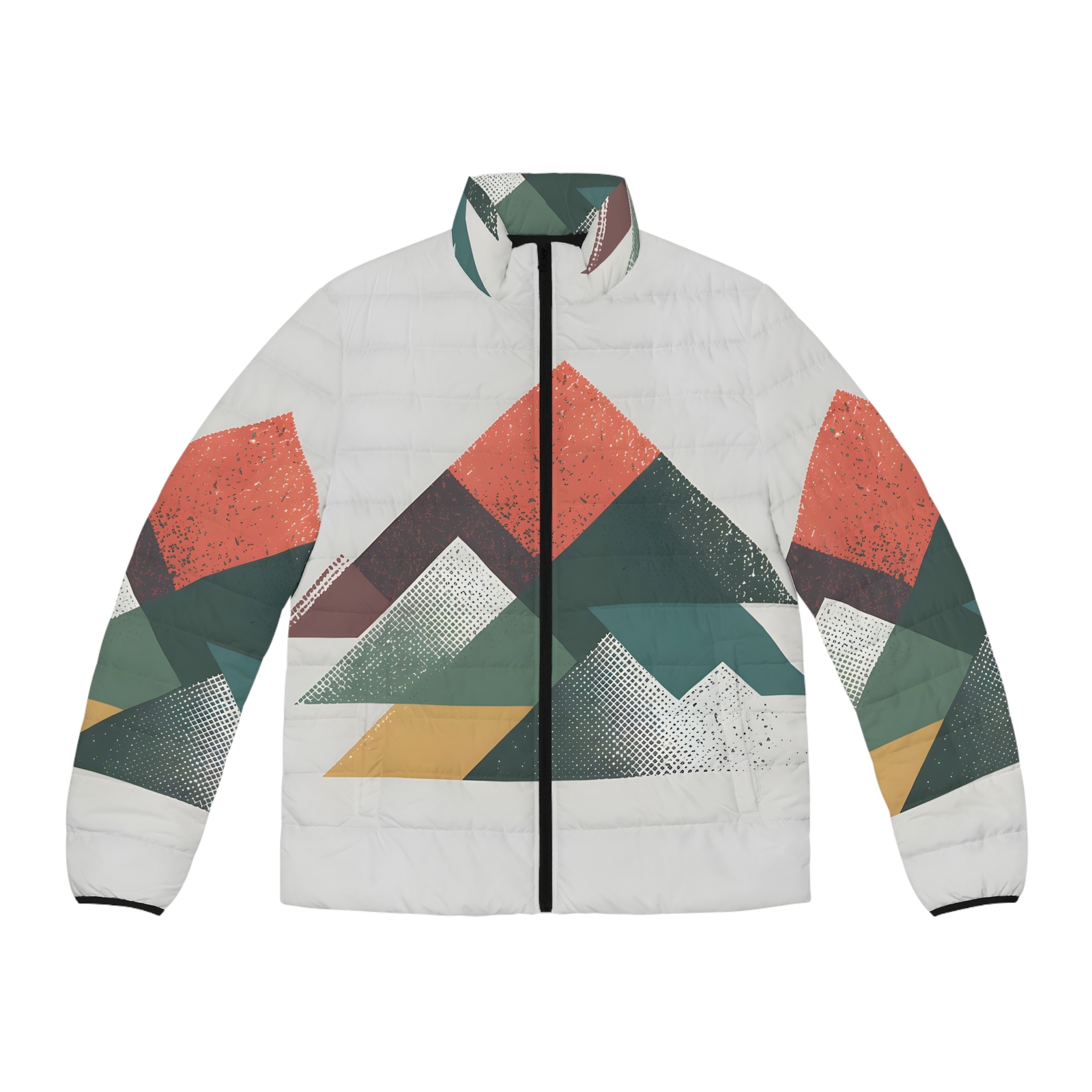 80's Retro Mountain Puffer Jacket Men’s Geometric Winter Coat Full Zip Outdoors