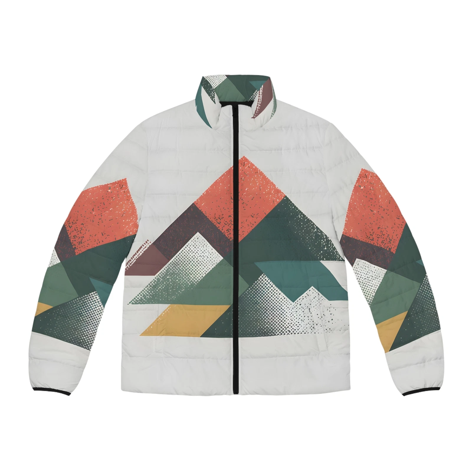 80's Retro Mountain Puffer Jacket Men’s Geometric Winter Coat Full Zip Outdoors