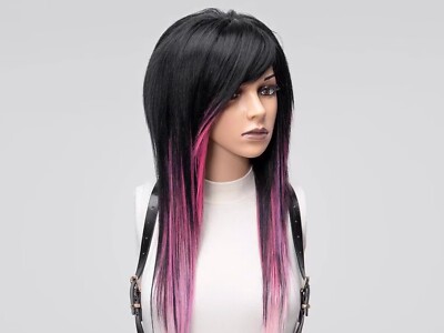 Black Pink Emo Wig Long, Alternative Scene Wig, Layered Shaggy Wig Side Bangs