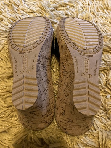 Crocs A Leigh Black Leather Cork Wedge Slides Sandals Sz. 8 - Picture 5 of 10