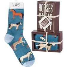 Horses Make Me Happy Box Sign & Sock Set Unisex Size M/L Primitives by Kathy