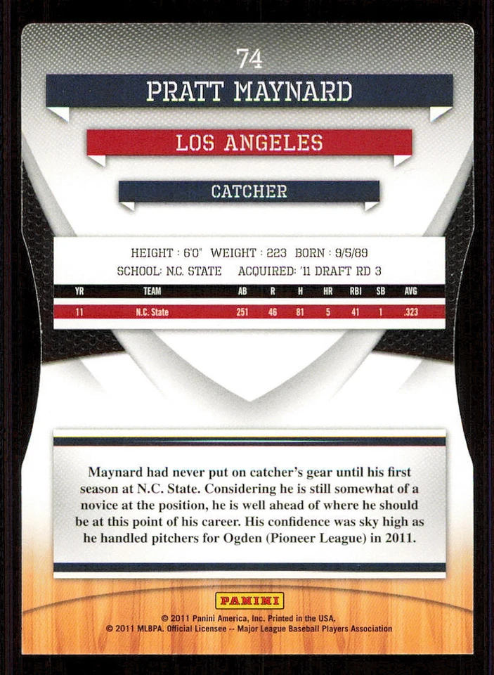 2011 Donruss Elite Extra Edition Prospects Status #74 Pratt Maynard /100 - Image 2 of 2