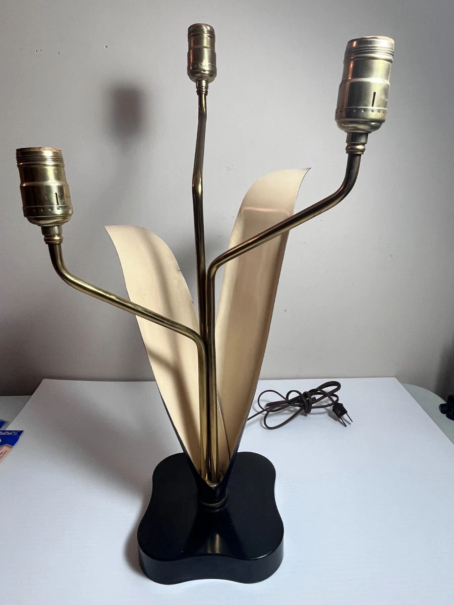 RARE VINTAGE MID CENTURY MCM ENAMELED BRASS TULIP FLORAL LAMP WORKS BLACK