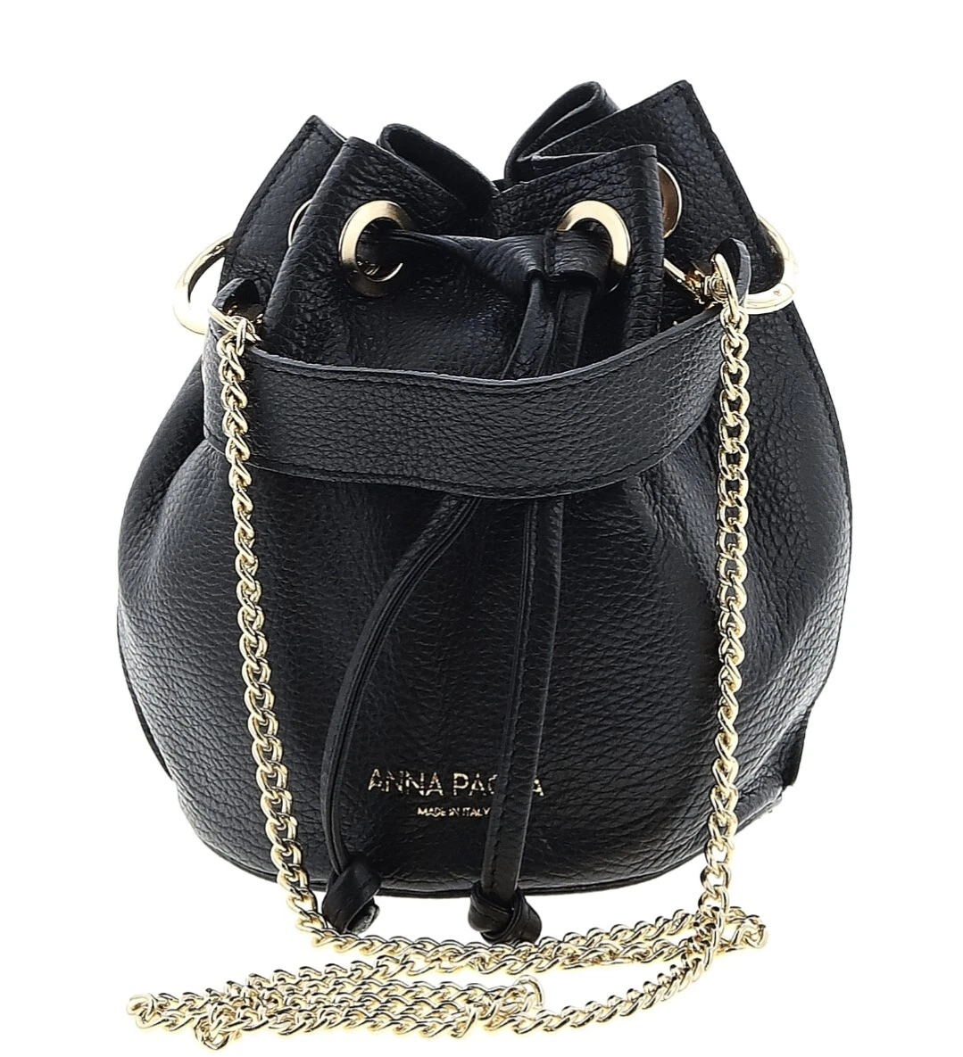 Anna Paola Italian Leather Bucket Bag Black Gold Chain eBay