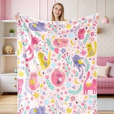Floral Cat Fuzzy Flannel Blanket 60 x 50 Inch Pink Flower Cat Throw Blanket C...
