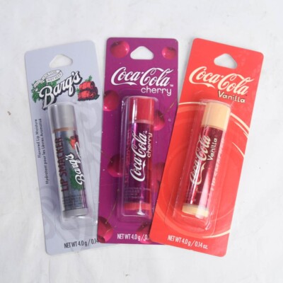Set of 3 Lip Smackers Coca Cola Vanilla Cherry Coke Barqs Root Beer Lip Balm