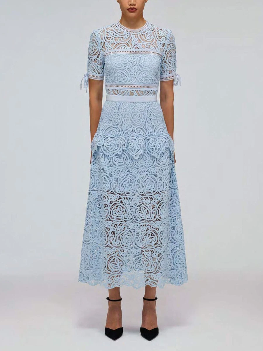 Womens Self Portrait Blue Abstract Guipure Lace Midi Dress New