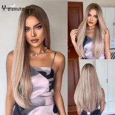 Honey Brown Mixed Blonde Synthetic Wigs Long Straight 26 Inch Wigs Daily Cosplay