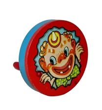 T Cohn Inc ~ Clown Tin Litho Round Slotted Noise Maker Red Wood Handle ~ 1