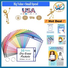 30 Pk Oversized Reusable Dry Erase Pocket Sleeves with Rings Classroom Supplies