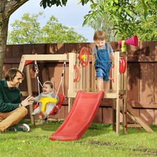 4 in 1 Wooden Swing Set with Swing, Slide, Horn, Steering Wheel