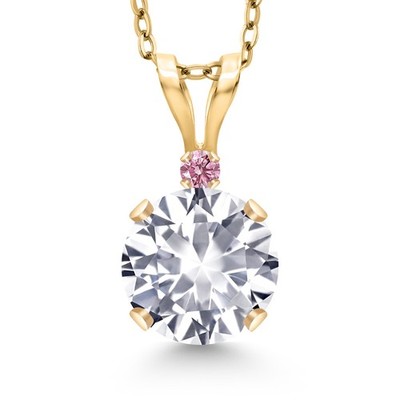 14K Yellow Gold White Created Sapphire and Pink Lab Grown Diamond Pendant