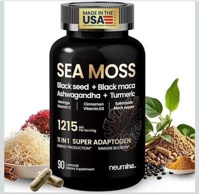 Neumina  Sea Moss Adaptogen Capsules (90 ct) Vegan  Black Seed Black Maca Ashwag