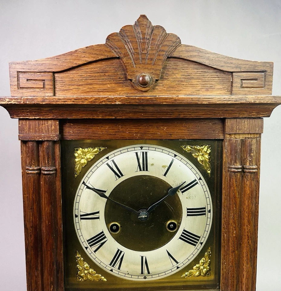 Antique 2 Train Wooden Hamburg American Clock Co.HAC German Mantle Bracket Clock - Image 4 of 4