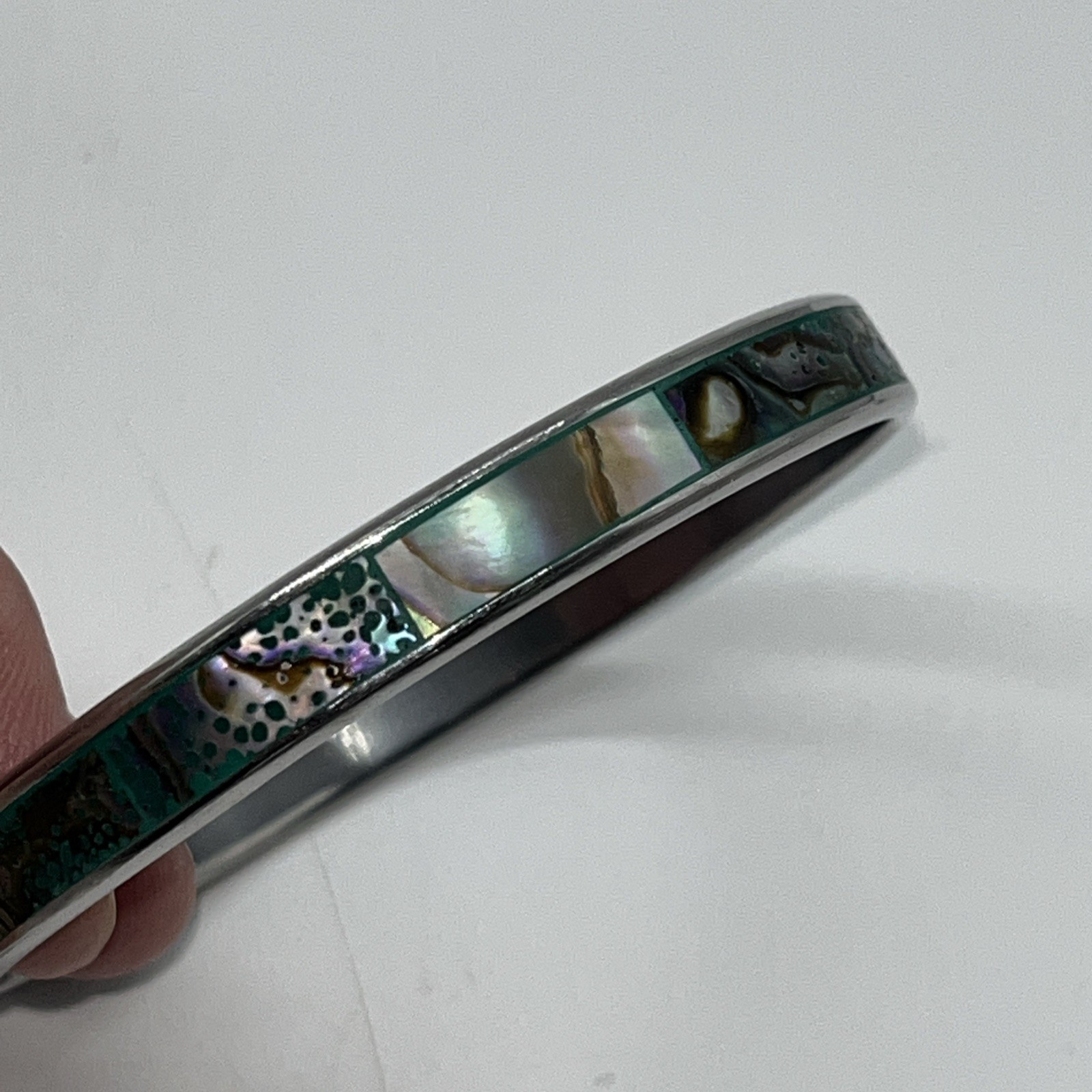 Abalone Shell Inlay Silver Tone Bangle Bracelet J… - image 5