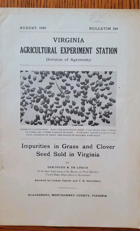 VTG 1909 Virginia Agricultural Experiment Station Bulletin 184 Grass/Clover Seed