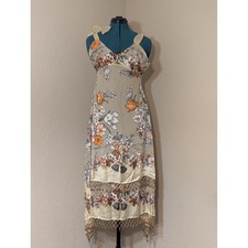 Aris A Silk Burnout Velvet Midi Dress Womens M Beige Beaded Fringe Whimsigoth