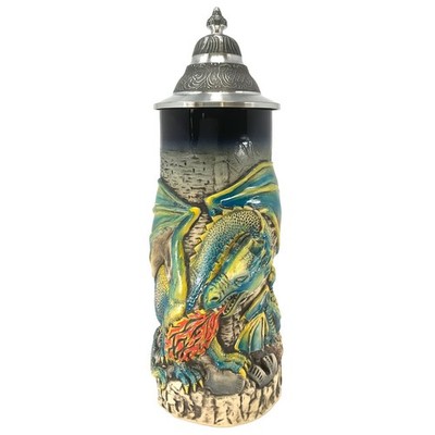 Green Medieval Fire Breathing Dragon with Axe Handle LE German Beer Stein .7L