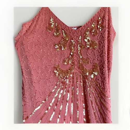 Abito Vintage Corona Reale Moda Corallo Paillettes Flapper Art Decò Anni 20 Taglia XL - Foto 6 di 10