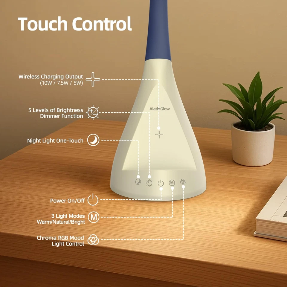 Lámpara de Escritorio LED con Puerto de Carga USB, Luz de Lectura Regulable Control Táctil y... Foto 4 de 4