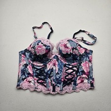 Victoria's Secret Women Bra 32B Blue Floral Dream Angels Lined Demi Corset