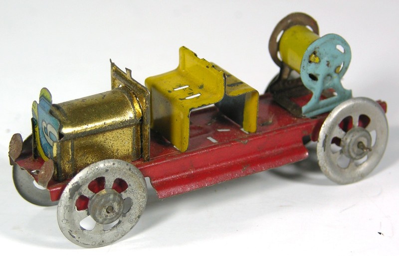 ca1905 TIN LITHOGRAPH GERMAN PENNY TOY - FIRE ENGINE HOSE REEL TRUCK By J. MEIER