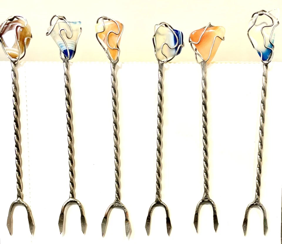 6 Vintage Silver Appetizer Skewers/ Forks / Agate Gems Blue & Brown + Basket - Изображение 4 из 4