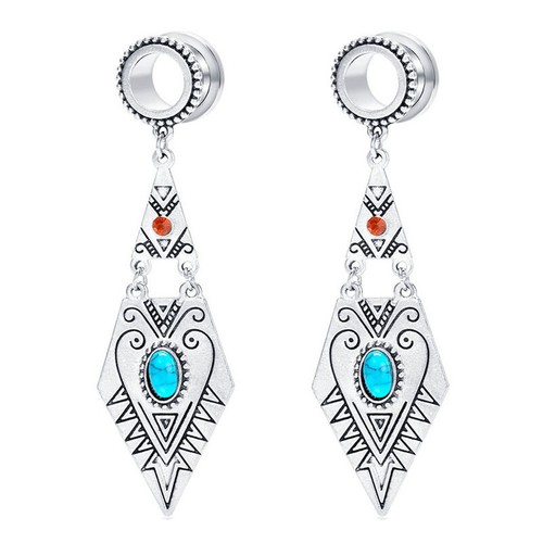 2X Blue Tribal Turquoise Dangle Ear Plug Red Crystal Screw Flesh Tunnel 6mm-18mm - Picture 4 of 10
