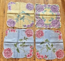 4 Vintage Floral Mums Handkerchief Set Ladies Pink Blue Yellow Purple Lot