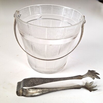 Vintage   Glass Ice Bucket With Metal  Claw Tongs  and  Metal Handle