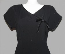 VTG 3-D Attached Diamonds Satin Trim Wide Flare Pleated Back Black Dress Wm's S