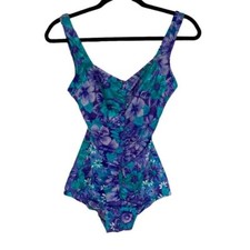 Le Cove Vintage Floral Pinup Swimsuit One Piece Ruched Purple Blue Sweetheart 10